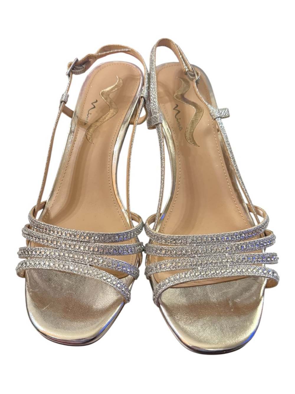 Nina Rhinestone Block Heel Dress Sandals Silver Women’s Size 11 w/ Box